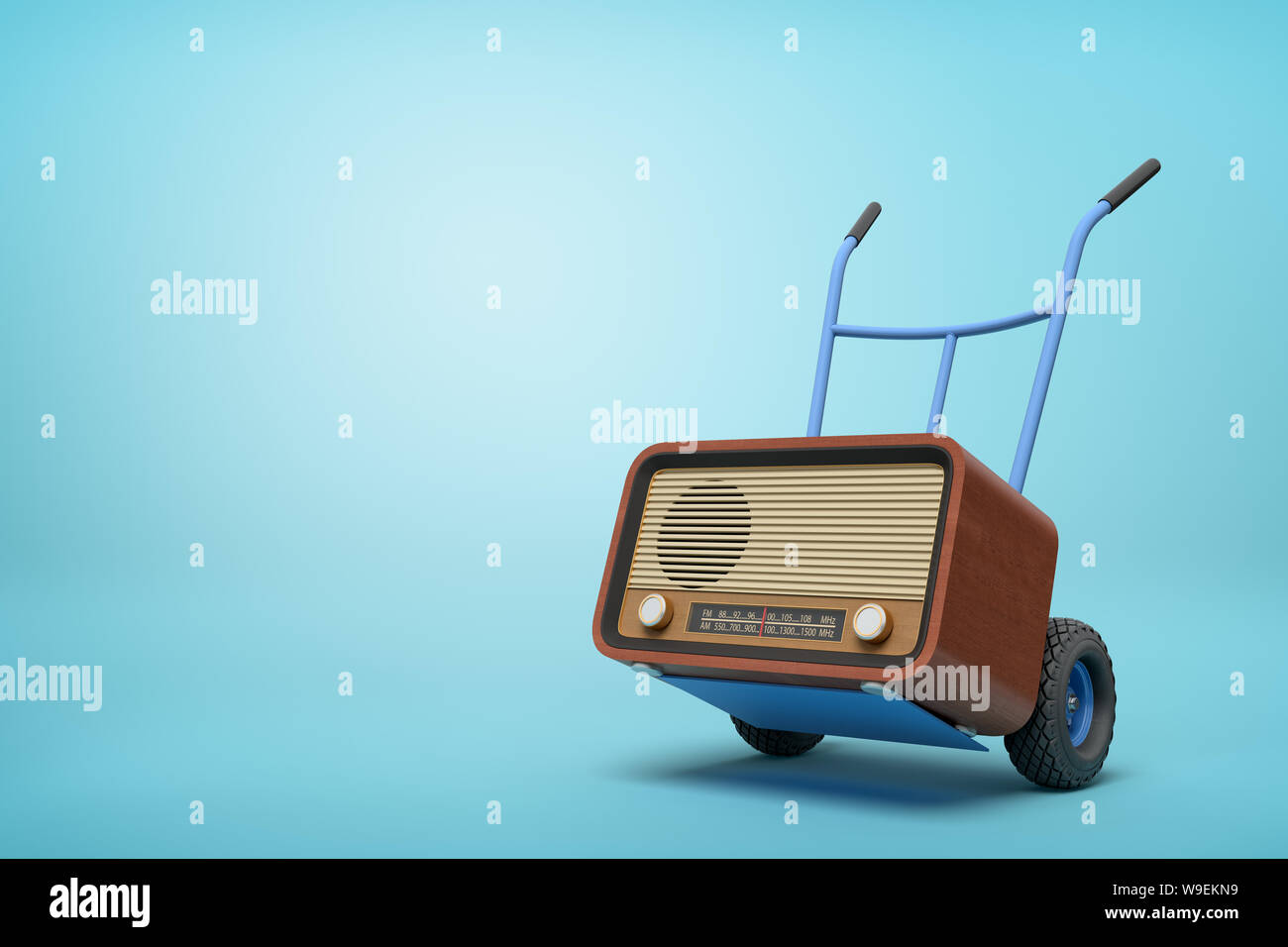 3d rendering of blue hand truck standing in half-turn with brown retro radio set on it on light-blue background with copy space. Stock Photo