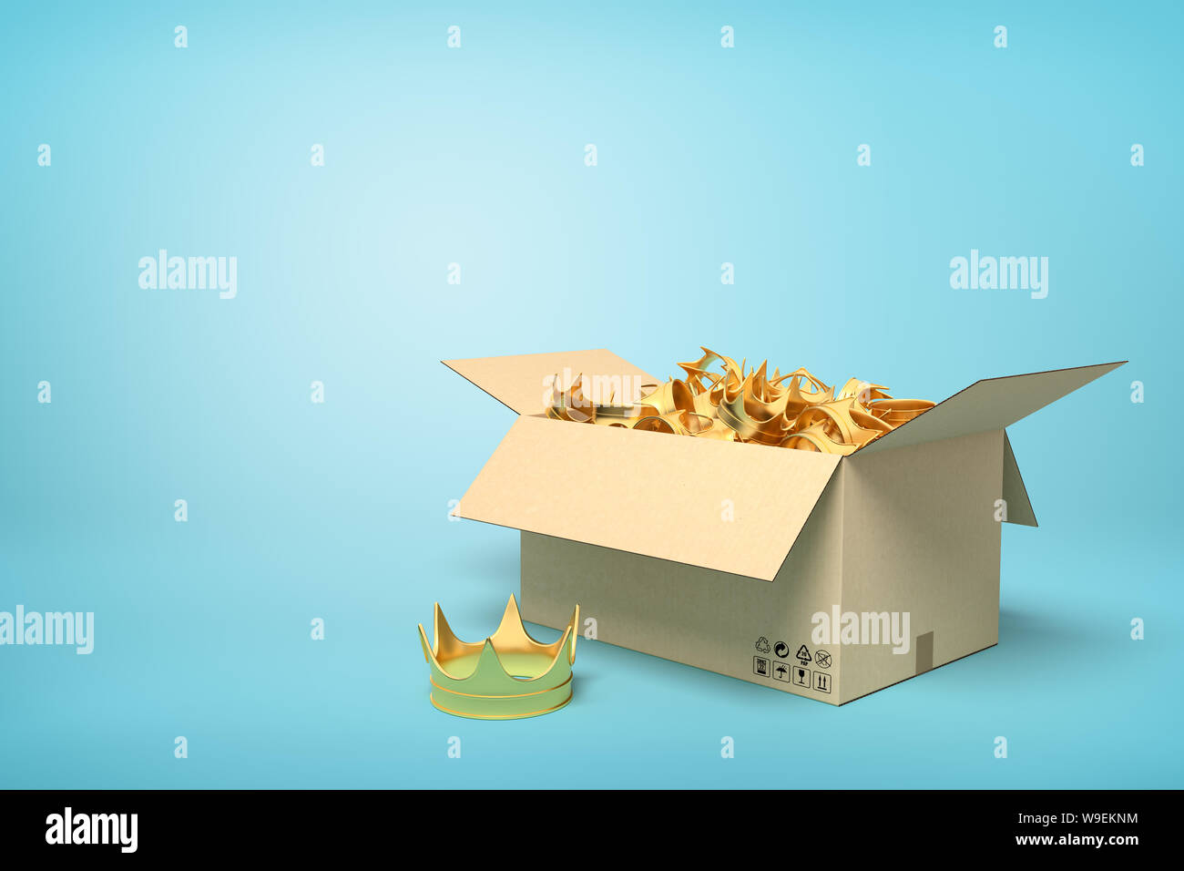 3d rendering of cardboard box full of golden crowns on blue background. Stock Photo