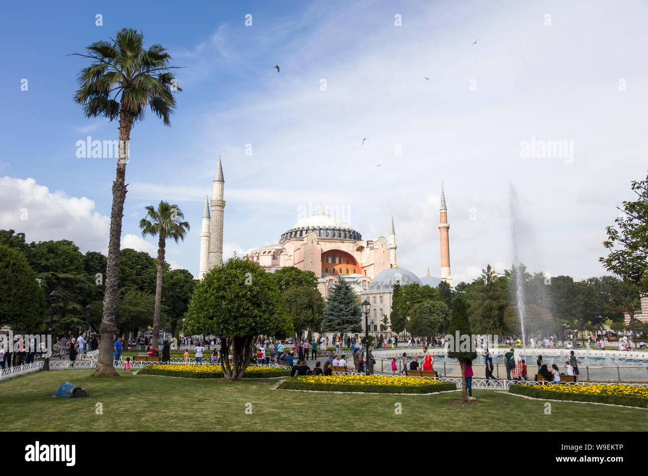 ISTANBUL, TURKEY - JUNE 15, 2019: Unidentified people in front of Hagia Sophia in Istanbul, Turkey. For almost 500 years, Hagia Sophia served as a mod Stock Photo
