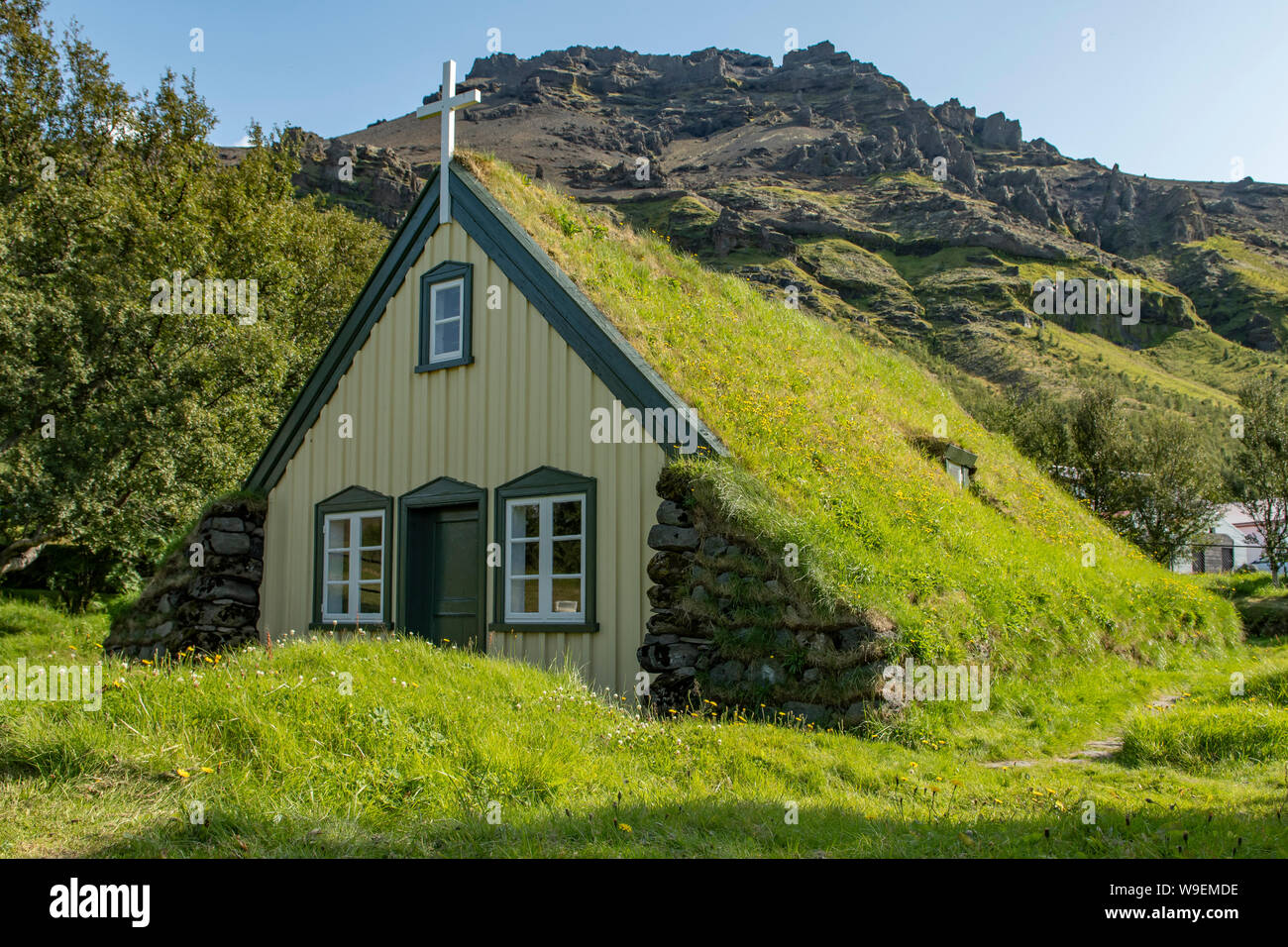 Grass Roofed Church at Hof, Iceland Stock Photo