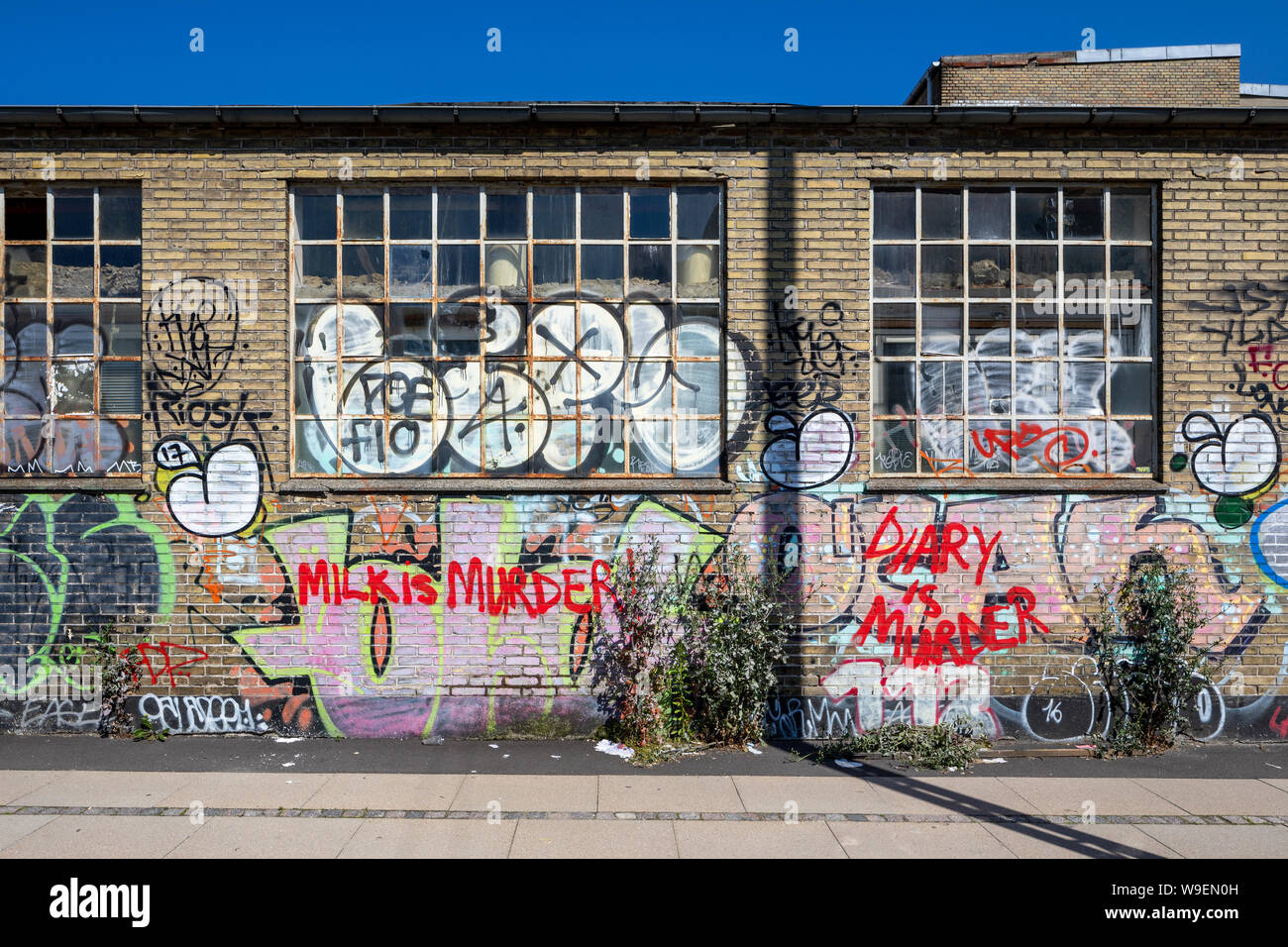 'Milk is murder' and 'Diary is murder' (misspelled), graffiti on old industrial building in Titangade, Copenhagen, Denmark Stock Photo