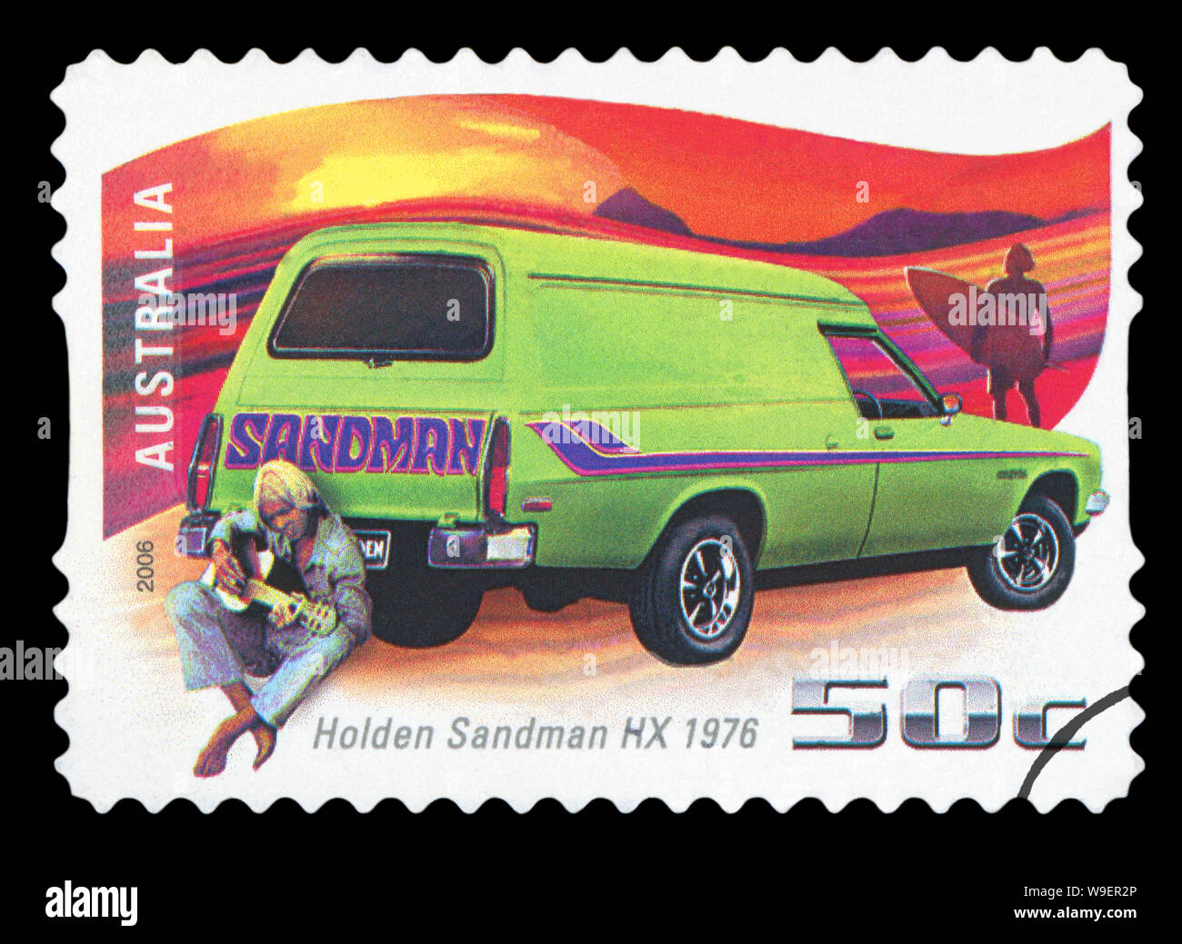 AUSTRALIA - CIRCA 2006: A stamp printed in Australia shows Holden Sandman HX - 1976 and man with guitar, circa 2006 Stock Photo