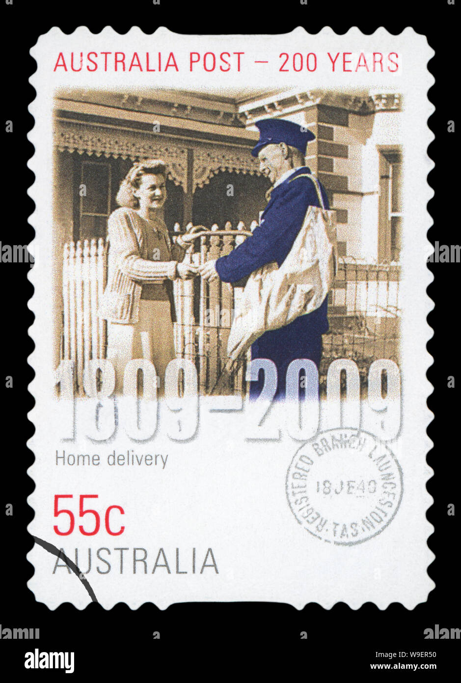 AUSTRALIA - CIRCA 2009 : an Australian postal stamp cancelled depicting Home delivery - Australia post 200 years, circa 2009. Stock Photo