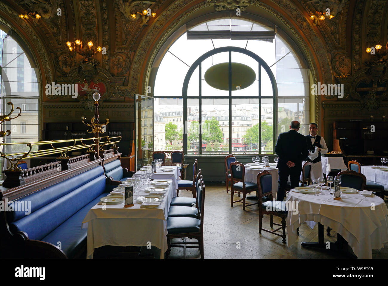 PARIS, FRANCE -20 JUL 2019- View of the landmark Belle Epoque Le Train Bleu (the blue train) restaurant inside the historic Gare de Lyon train station Stock Photo