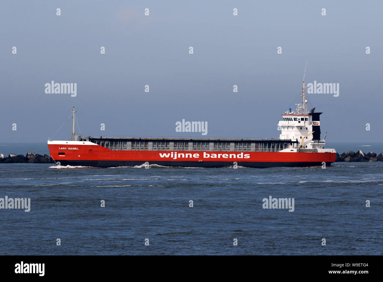 The cargo ship Lady Isabel leaves the port of Rotterdam on May 22, 2019 Stock Photo