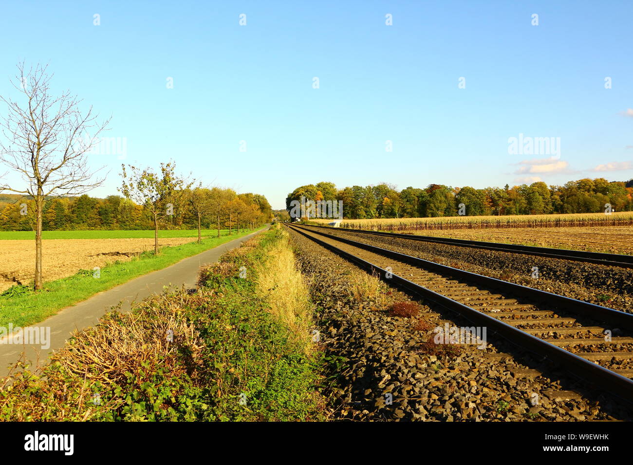 Eisenbahnschienen entlang des Ruhrtalradweges im Ruhrtal bei Wickede an der Ruhr Stock Photo