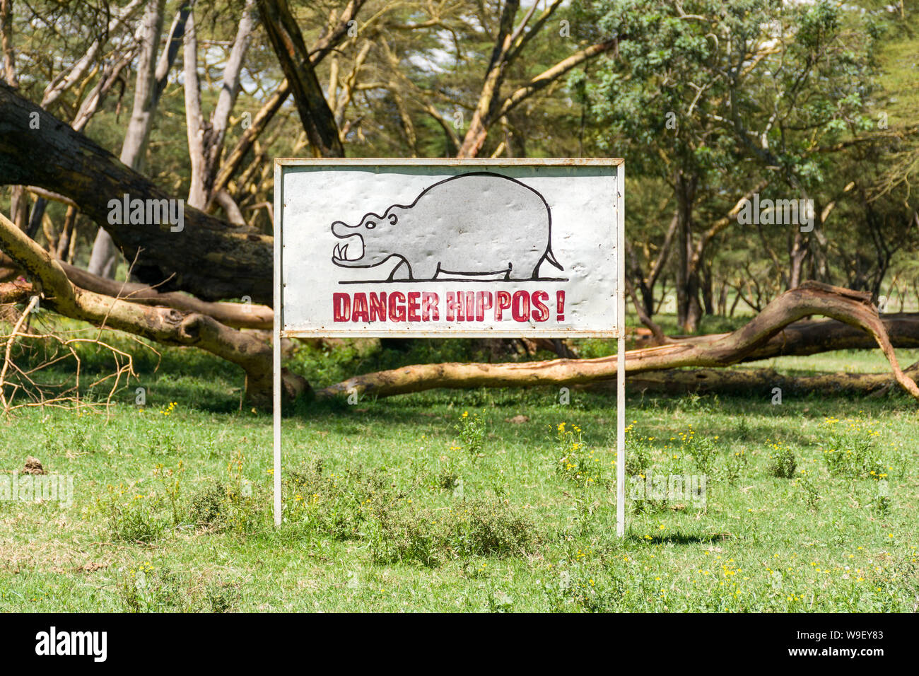Danger hippos warning sign at lake Naivasha, Kenya, East Africa Stock