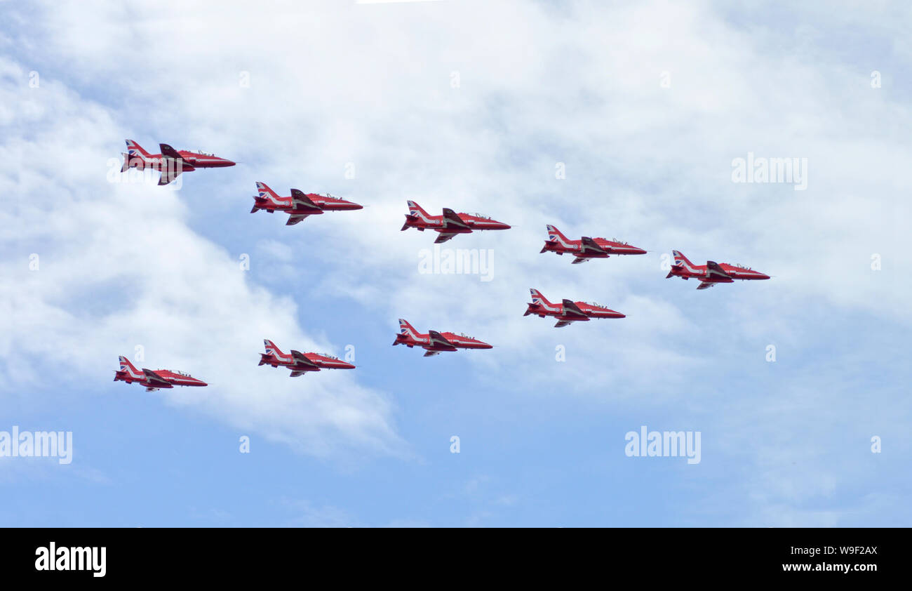 Ottawa, Ontario, Canada, August 13, 2018: The Red Arrows elite flying team from The Royal Airforce in Great Britain fly over Ottawa. Stock Photo