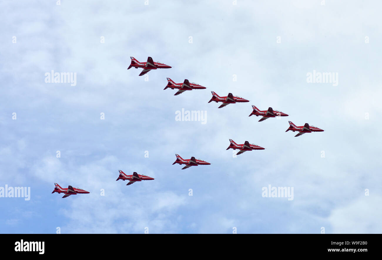 Ottawa, Ontario, Canada, August 13, 2018: The Red Arrows elite flying team from The Royal Airforce in Great Britain fly over Ottawa. Stock Photo