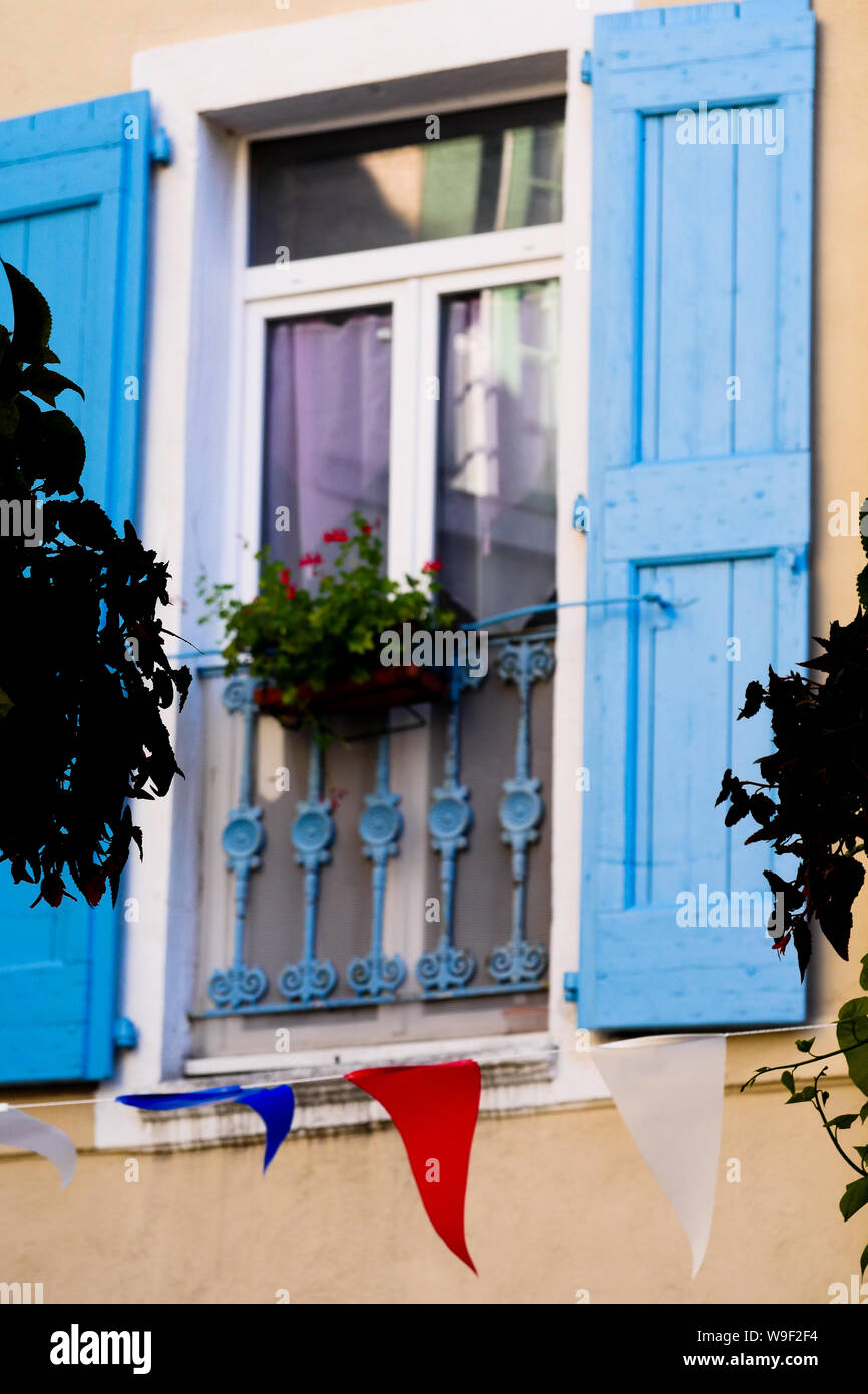 Window with blue shutters, Anduze, Gard, France Stock Photo Alamy