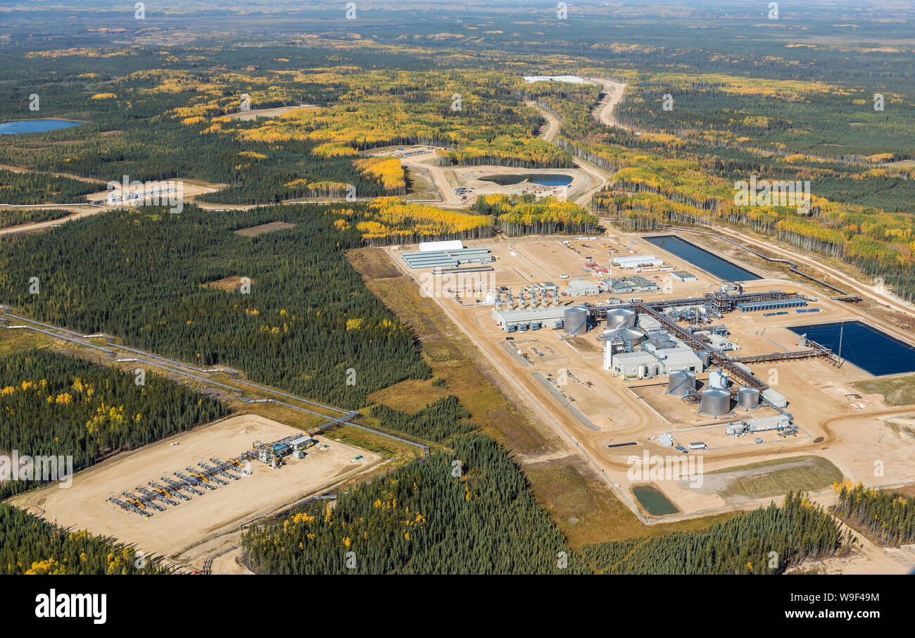 Aerial photo of Devon Jackfish Two SAGD (Steam Assisted Gravity Drainage) operations in the oiil sands south of Fort McMurray, Alberta. Stock Photo