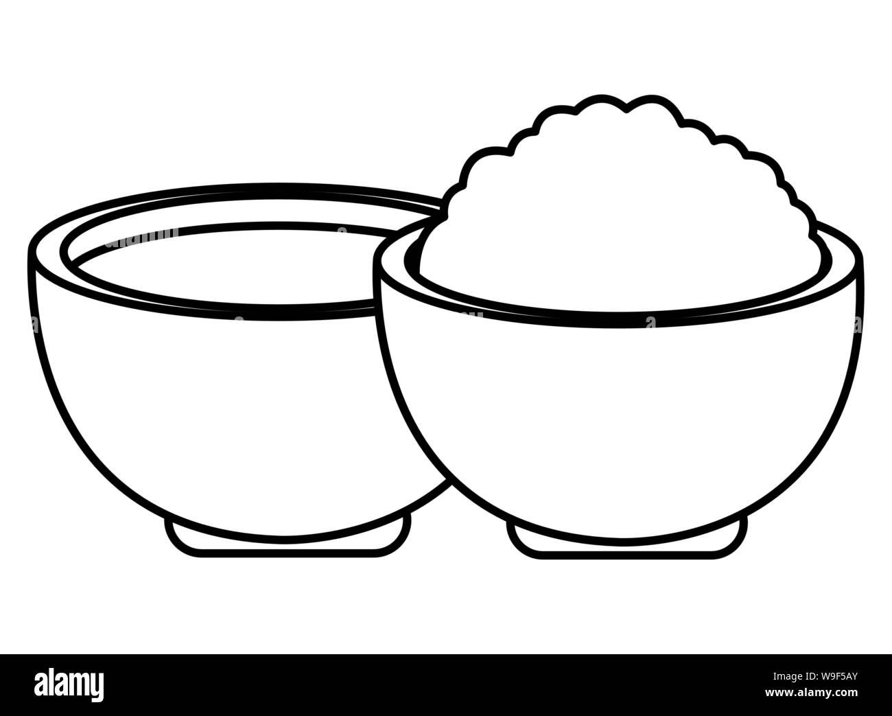 Rice and sou in bowls cartoon in black and white Stock Vector