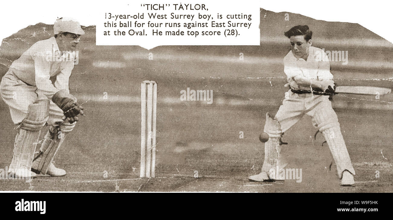 English Cricket 1950 season - A newspaper picture of  13 year old junior cricketer 'Titch' Taylor from West Surrey in action at the Oval. Stock Photo