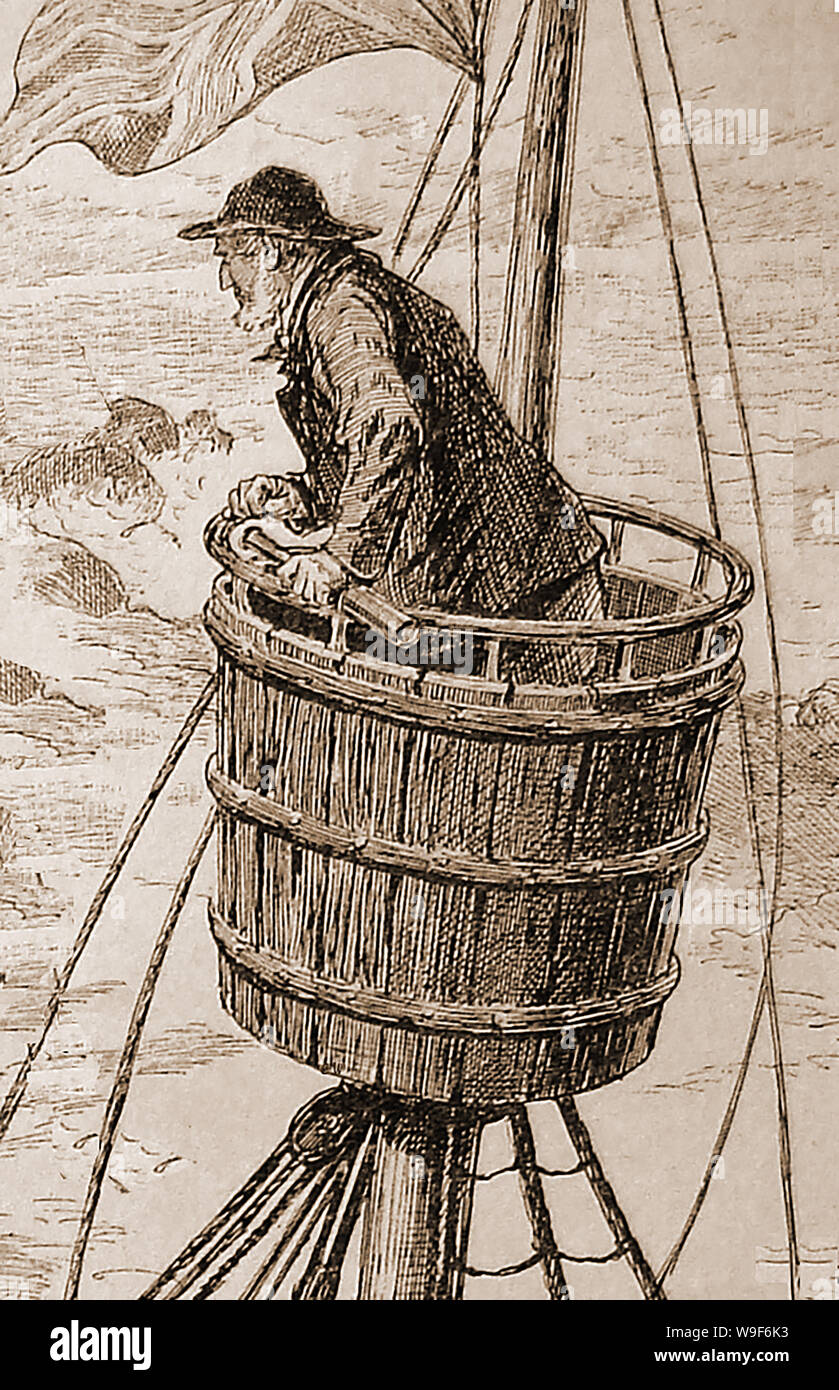 A sketch of a Victorian crows nest lookout platform at the top of the mast of a sailing ship. The barrel crow's nest was invented in 1807 by the Arctic explorer William Scoresby, Senior of Whitby, Yorkshire, UK Stock Photo
