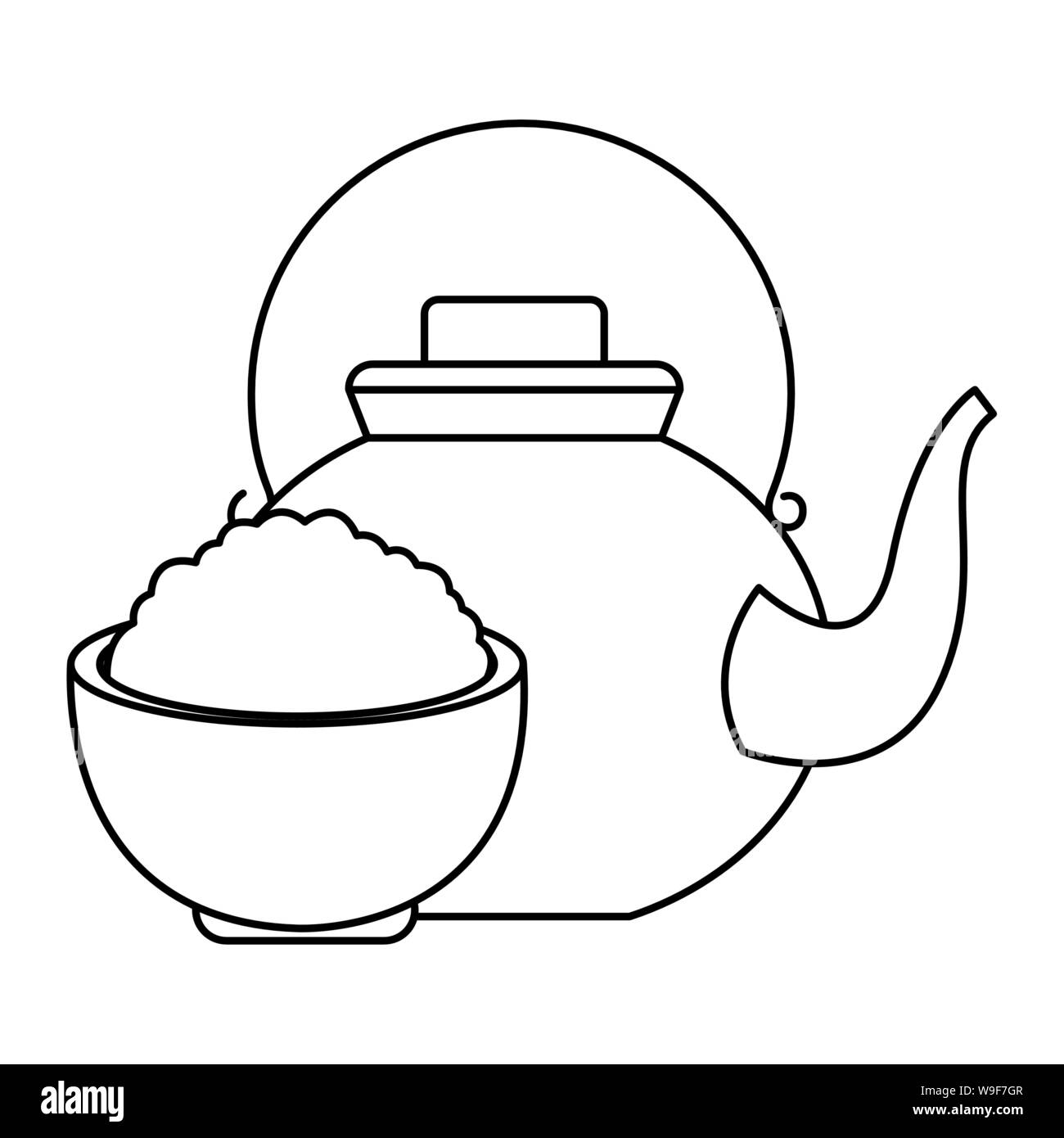 Teapot and rice in bowl cartoon in black and white Stock Vector