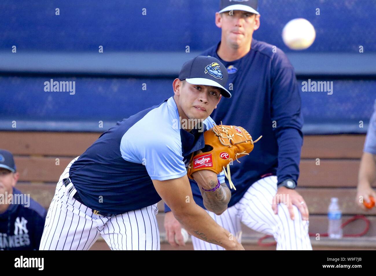 July 30, 2019, Trenton, New Jersey, U.S: New York Yankees pitcher JONATHAN  LOAISIGA, seen here warming up in the bullpen on July 30, 2019 at ARM &  HAMMER Park while he was