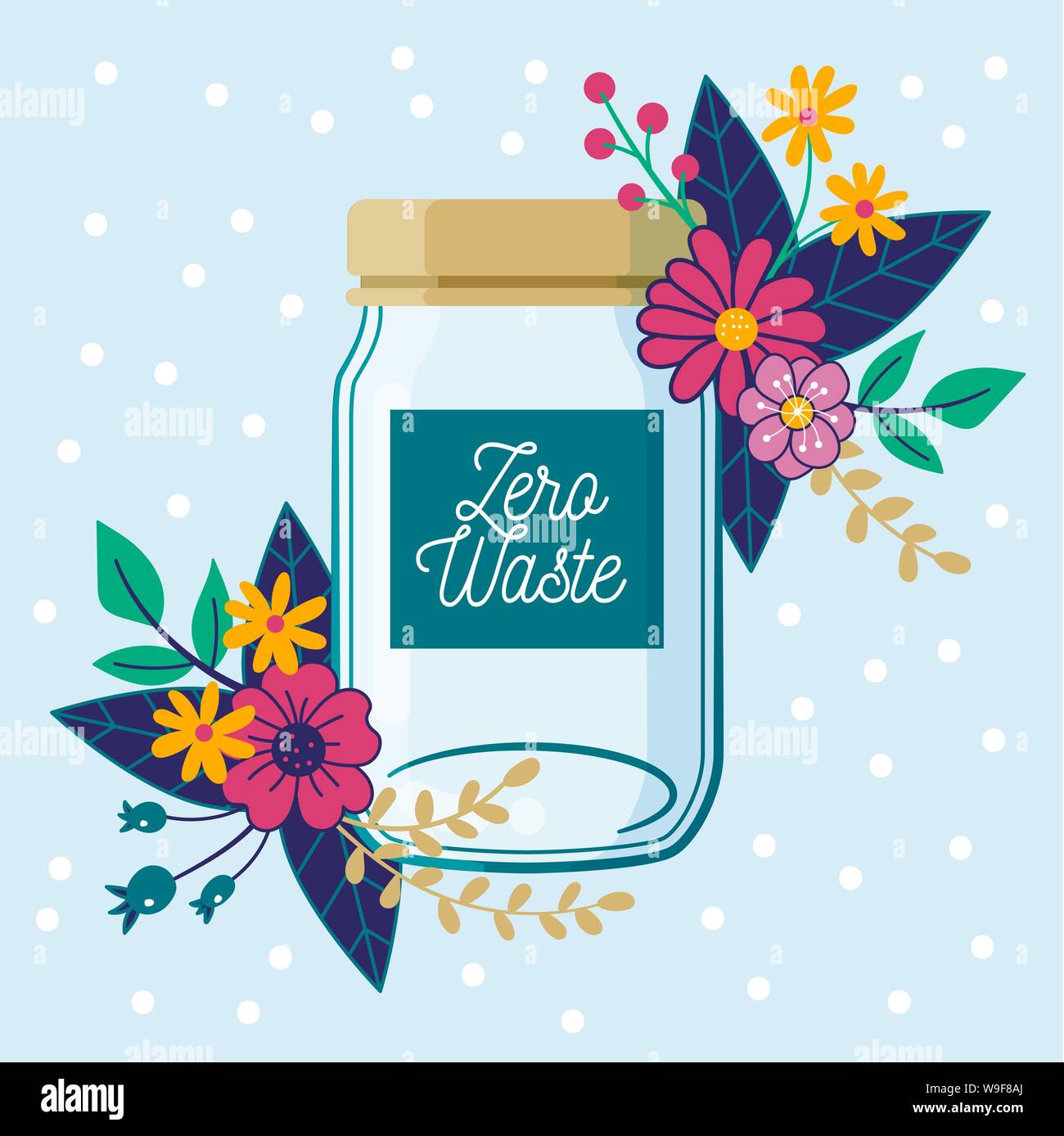 Zero Waste concept. Empty glass jar, with floral composition. Environmental conservation. Stock Vector