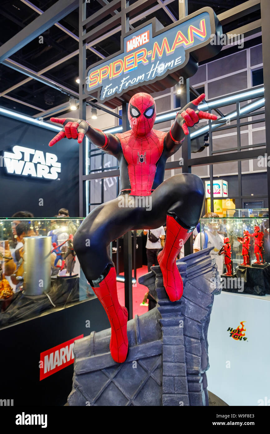 Marvel movie backdrop display with Spider-man replica at the Ani-Com & Games HK Exhibition event in Hong Kong.ACGHK is the perfect platform for sales and business opportunities in the big wave of creative industry & digital entertainment development. As the most popular summer carnival in Hong Kong. Stock Photo