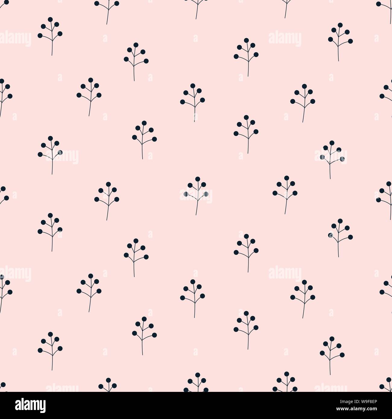 Seamless pattern with stylized tiny abstract plants. Pink minimalistic style repeat texture. Stock Vector