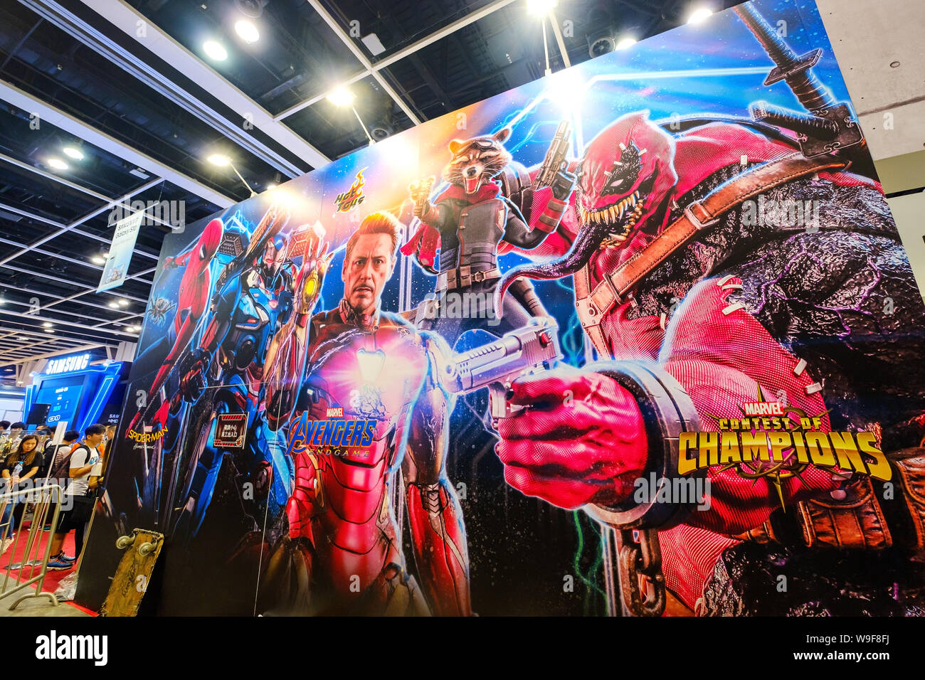 Marvel movie backdrop display with cartoon character replicas at the Ani-Com & Games HK Exhibition event in Hong Kong.ACGHK is the perfect platform for sales and business opportunities in the big wave of creative industry & digital entertainment development. As the most popular summer carnival in Hong Kong. Stock Photo