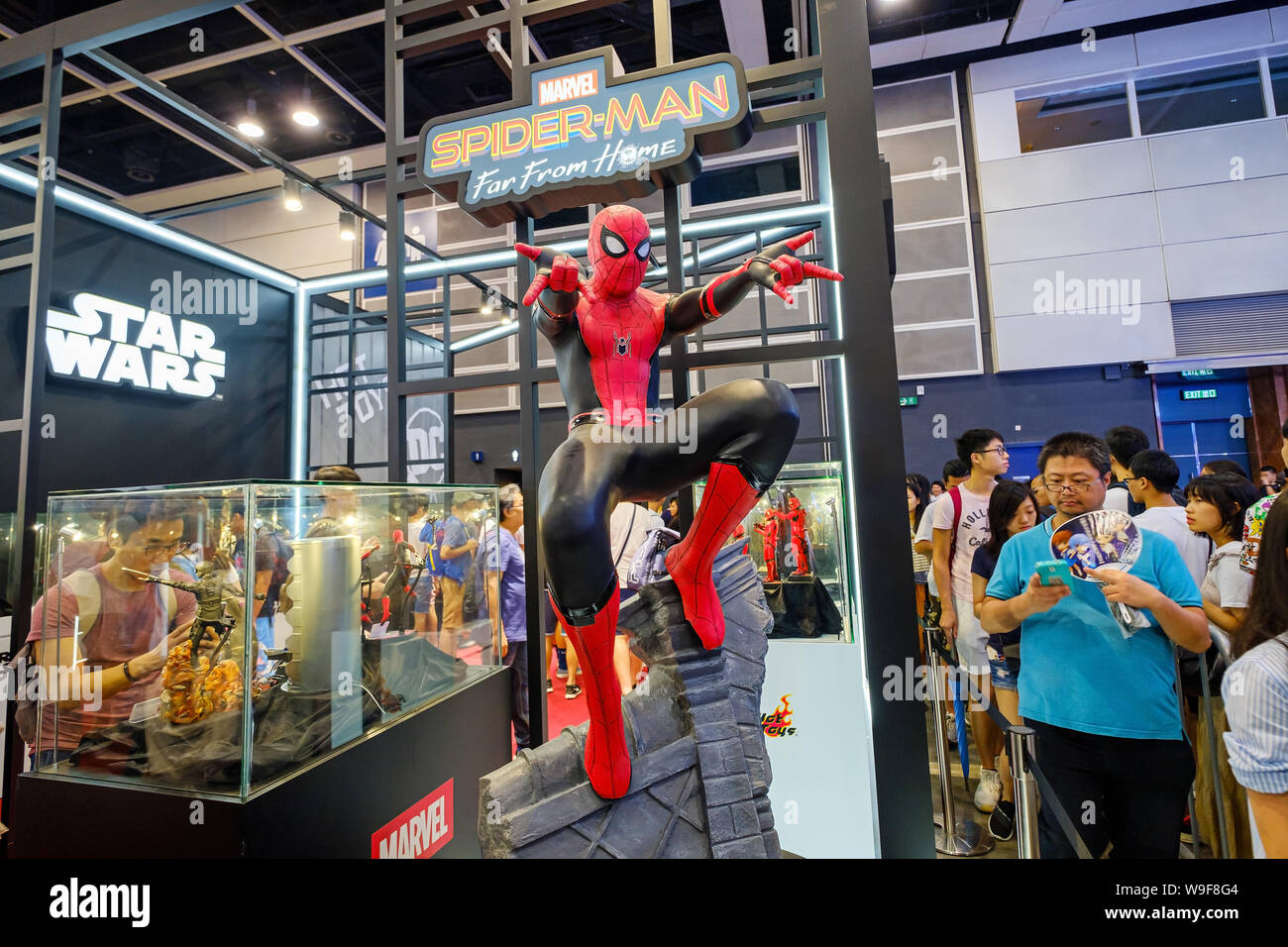 Marvel movie backdrop display with Spider-man replica at the Ani-Com & Games HK Exhibition event in Hong Kong.ACGHK is the perfect platform for sales and business opportunities in the big wave of creative industry & digital entertainment development. As the most popular summer carnival in Hong Kong. Stock Photo