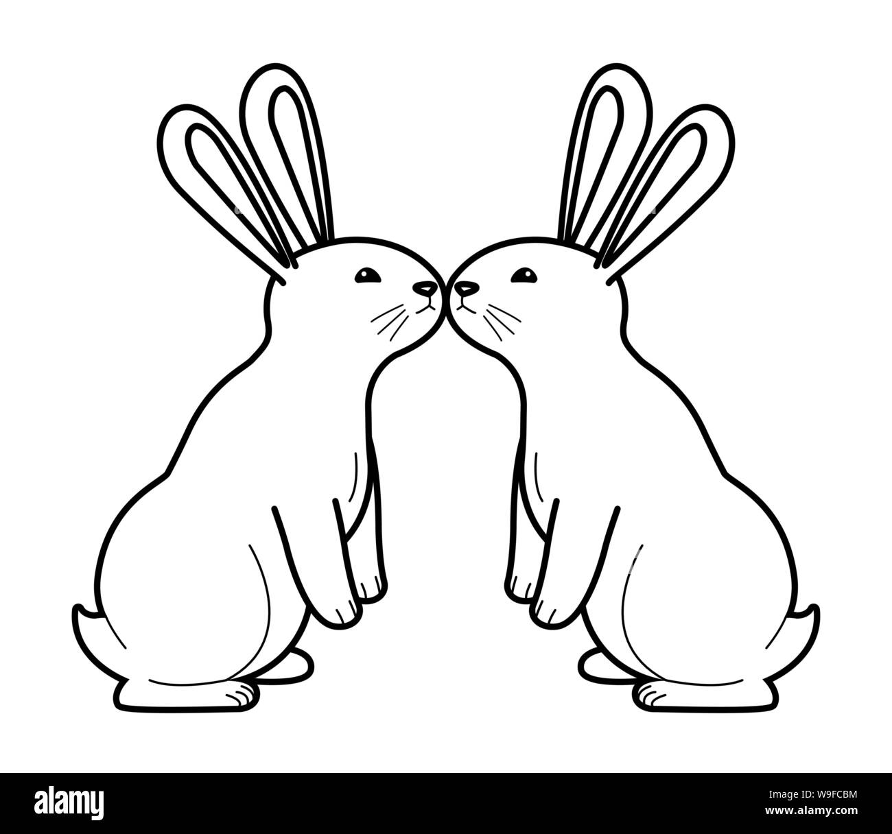 Cute two rabbits animals cartoons in black and white Stock Vector Image &  Art - Alamy