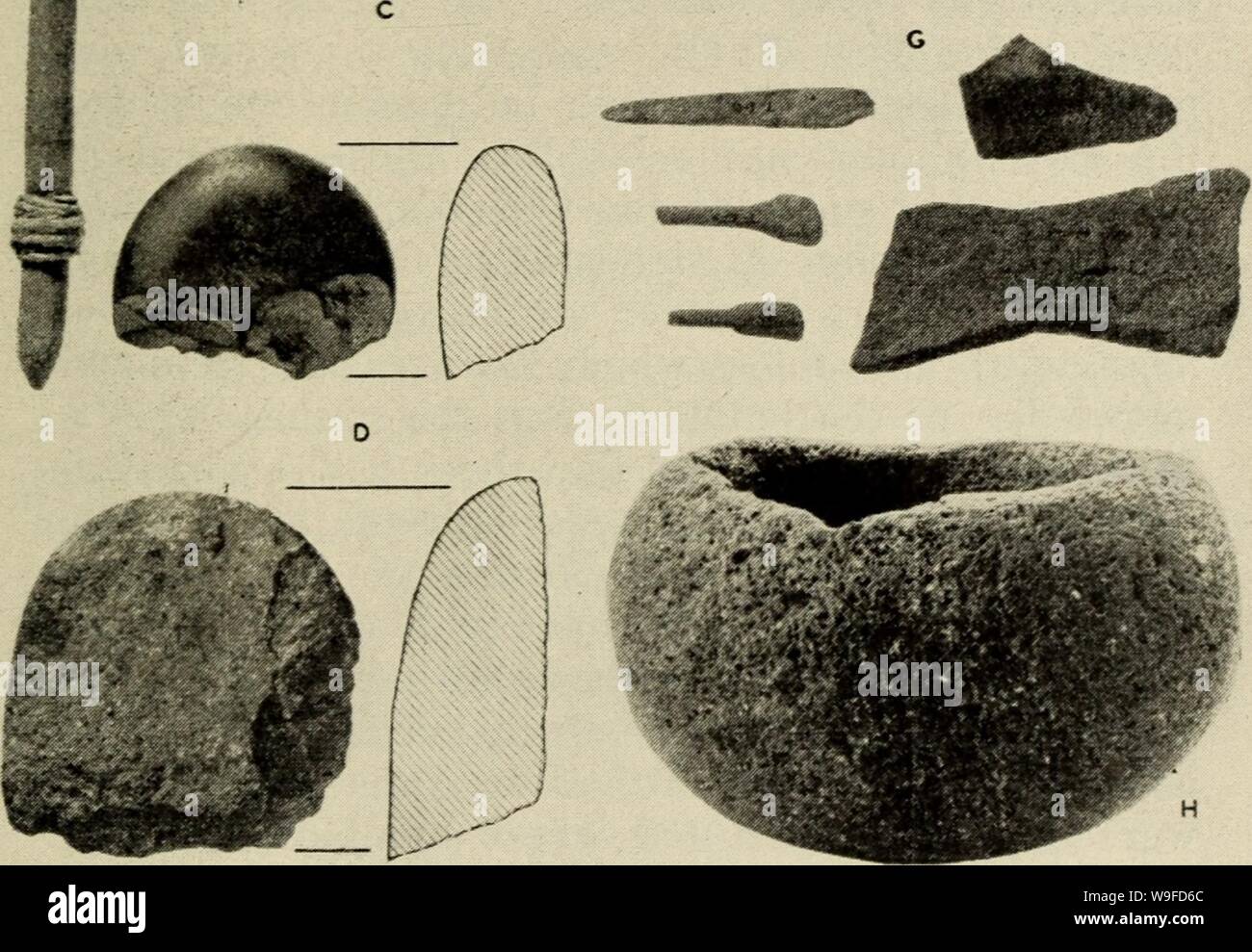 Archive image from page 32 of Andean culture history (1960). Andean culture history  culturehis15benn Year: 1960 ( • a u    Fig. 3. Artifacts of oldest knoAvn coastal culture from northern Chile, a, Harpoon forepieee, points, and barbs; b, Stone scraping tools; c. Stone knife; d, Choppers (?); e, Stone, bone, and shell composite fishhooks and barbs; f, Thorn and shell hooks; g. Stages in making shell hooks and the tools used; h, Stone bowl. 27 Stock Photo