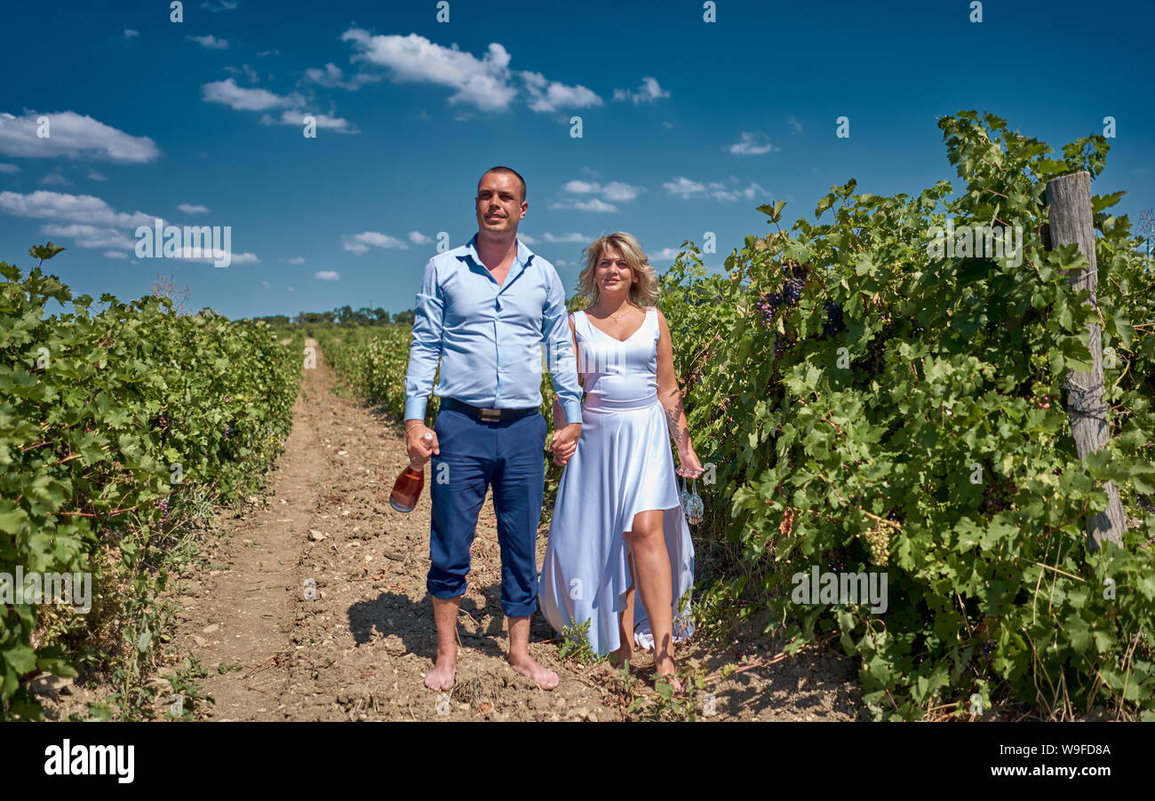 couple in love among the vineyards Stock Photo