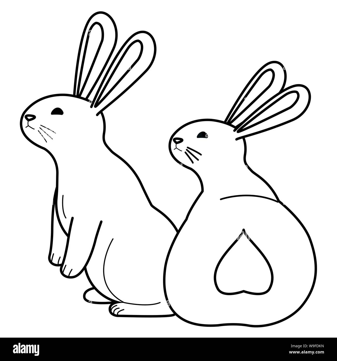 Cute two rabbits animals cartoons in black and white Stock Vector Image ...