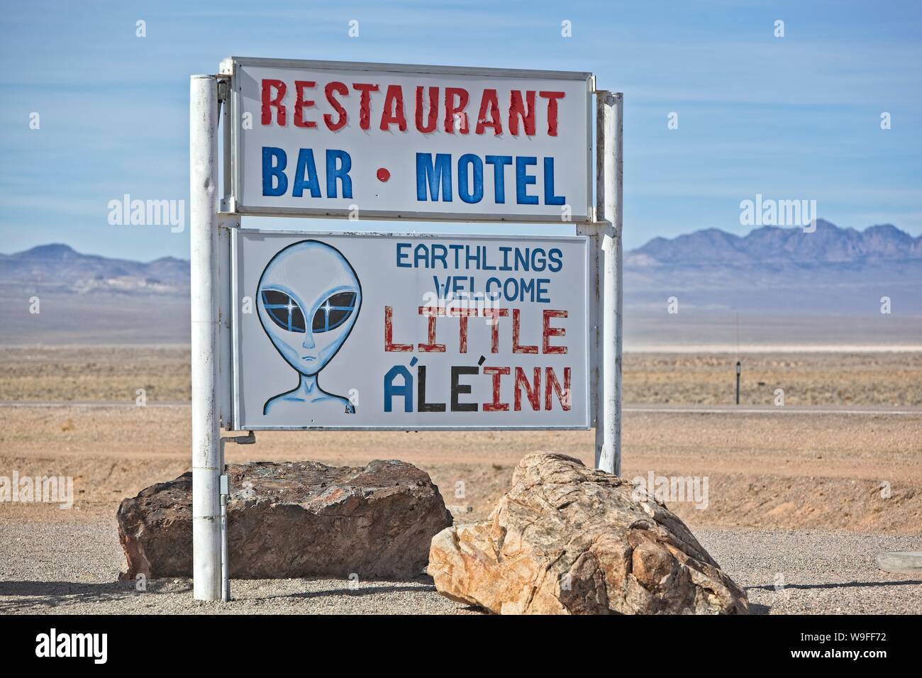 A sign outside of the little A'Li'Inn in Rachel Nevada on the extraterrestrial highway Stock Photo