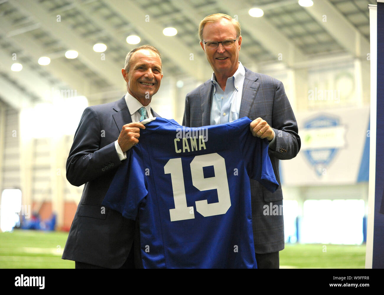 East Rutherford, New Jersey, USA. 13th Aug 2019. Investors Bank Chief Operating Officer DOMENICK CAMA and Team President JOHN MARA show off the custom team uniform to the media at the Quest Diagnostic Training Center, East Rutherford, NJ (Credit Image: © Bennett CohenZUMA Wire) Credit: ZUMA Press, Inc./Alamy Live News Stock Photo