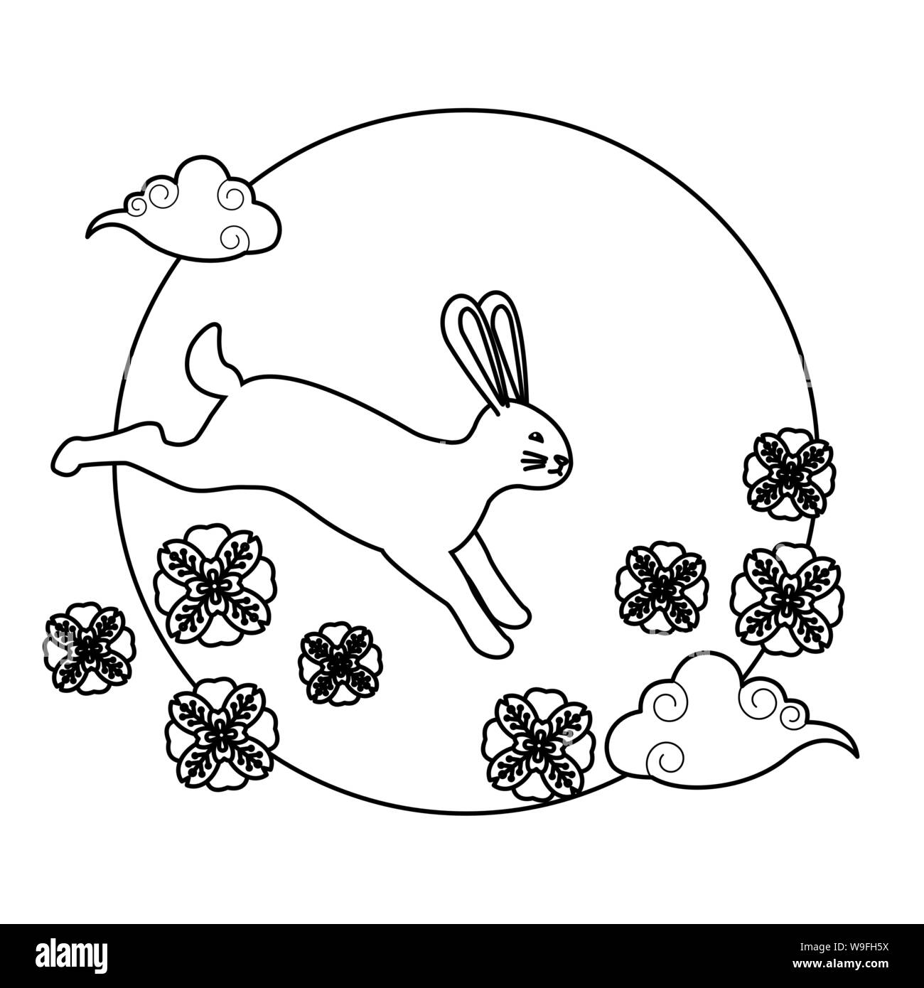Rabbit with flowers and clouds in black and white Stock Vector Image ...