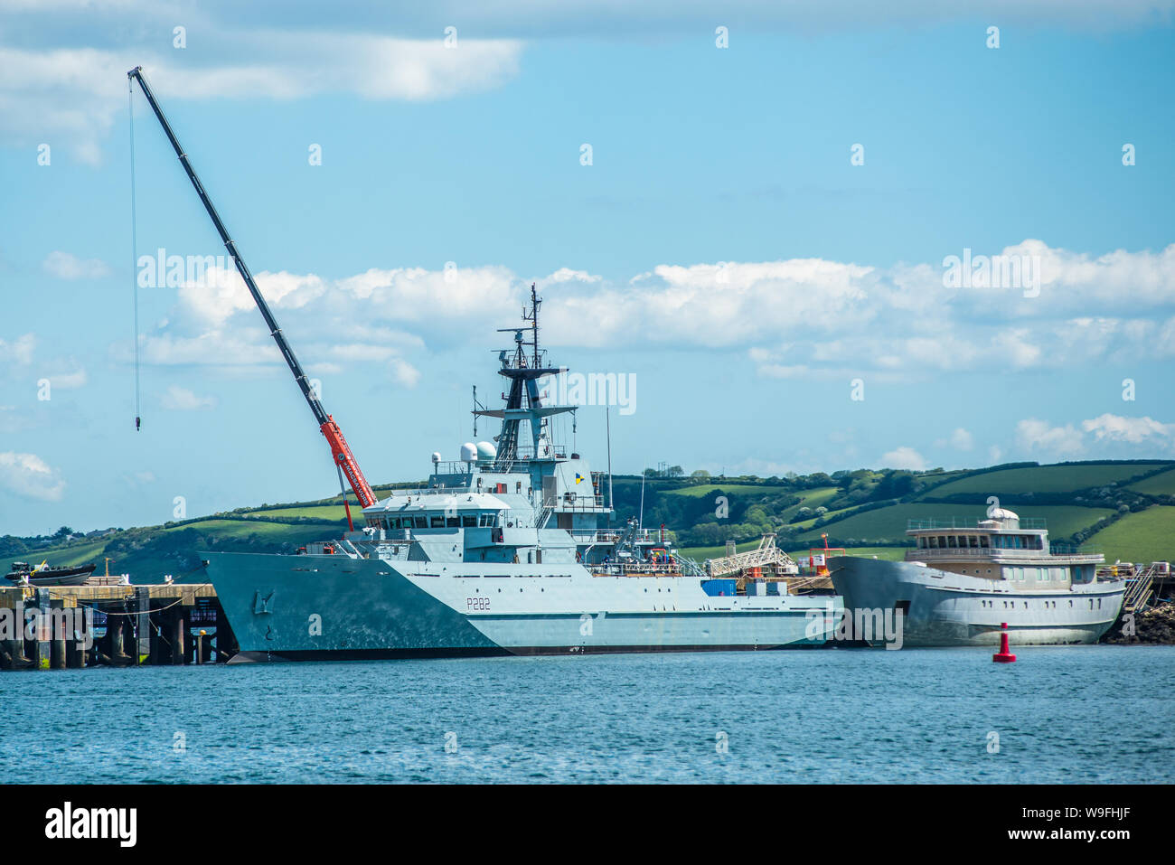 The ninth and latest HMS Severn is a River-class offshore patrol vessel of the British Royal Navy at Falmouth in Cornwall, England, UK Stock Photo