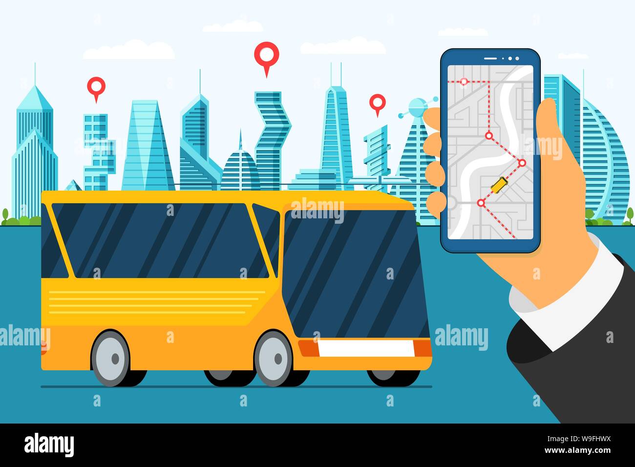 City bus tour banner design template. Urban vehicle with map application on smartphone screen. Puplic transport countryside traffic route. Vector travel app illustration Stock Vector
