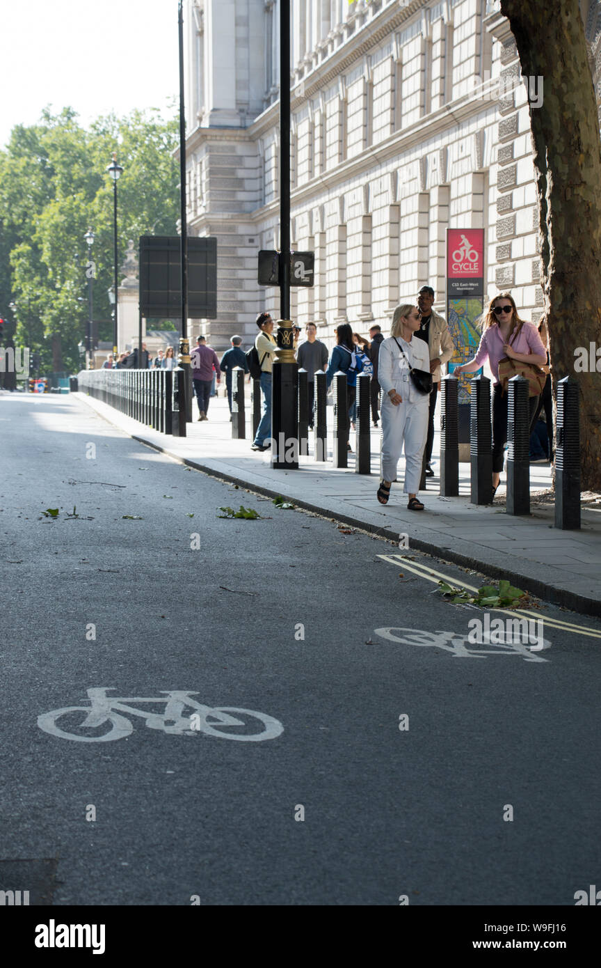 London cycle lane in Westminster next to a pedestrian lane Stock Photo