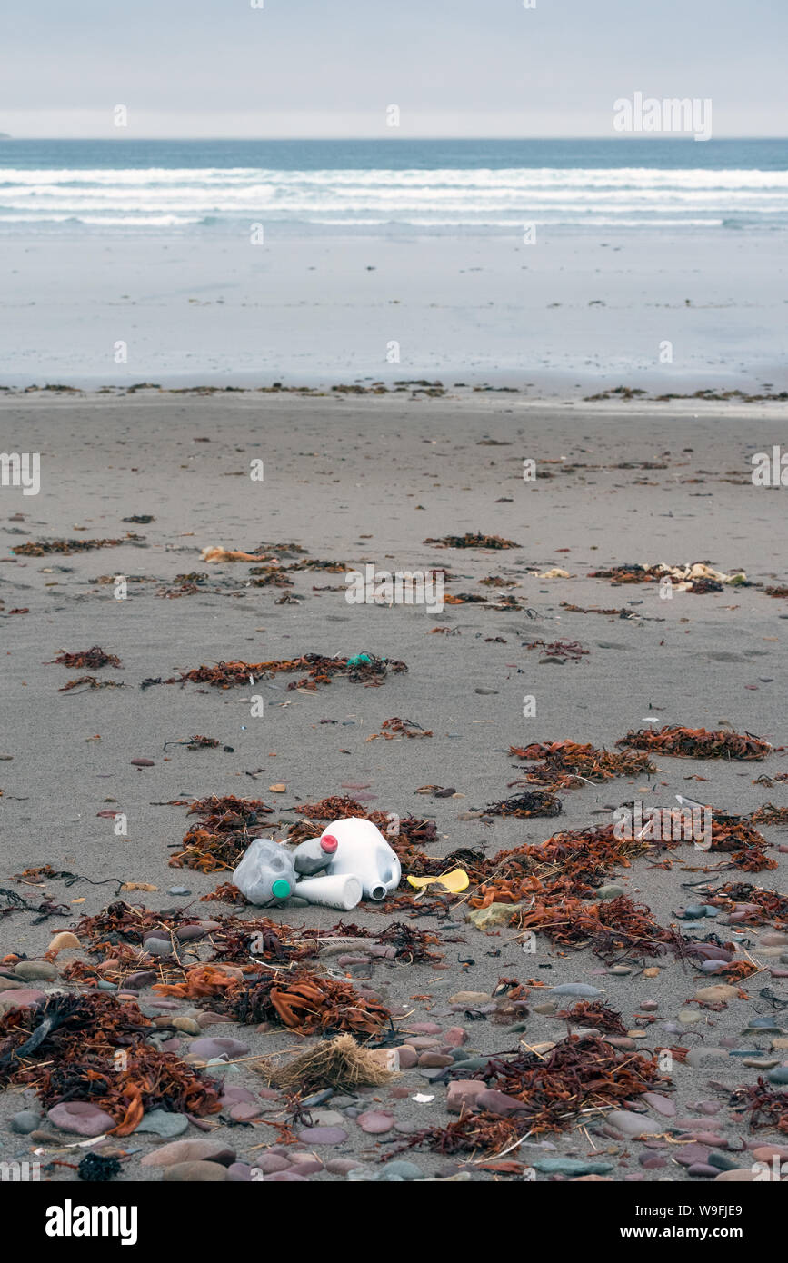 Plastic trash on a remote beach of the Arctic Ocean Stock Photo