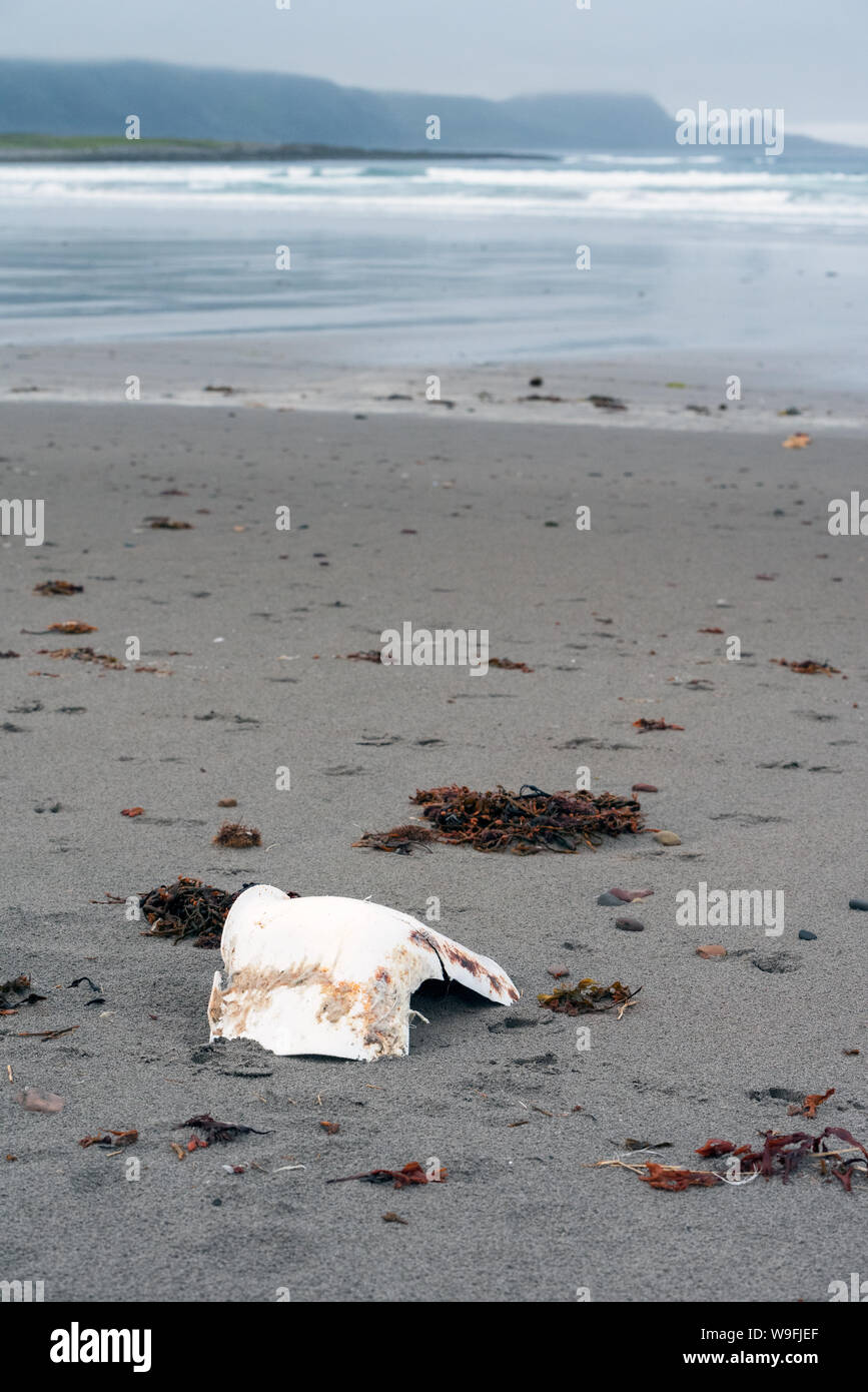 Plastic trash on remote beach of the Arctic Ocean Stock Photo