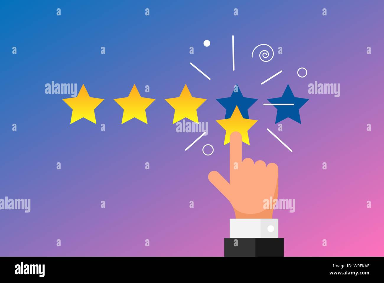 Online feedback reputation best quality customer review concept flat style. Businessman hand finger pointing four gold star rating on gradient background. Vector rank illustration Stock Vector