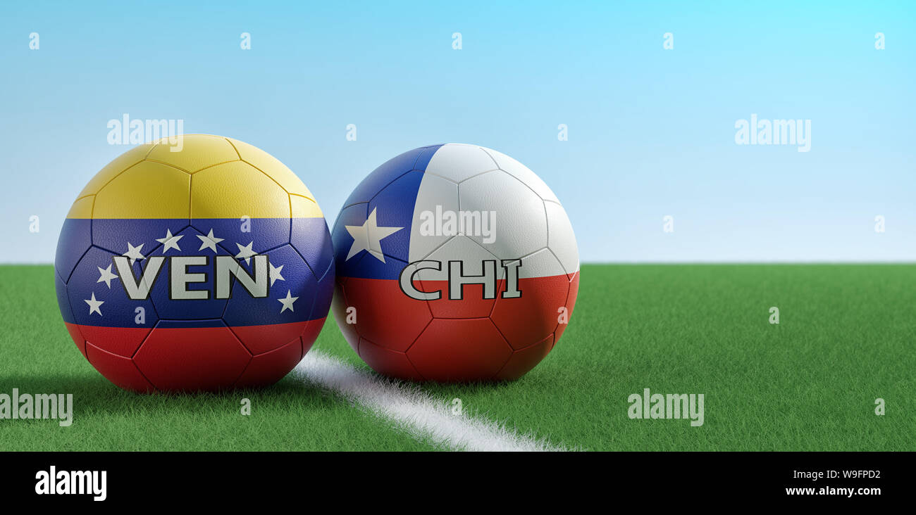 Chile vs. Venezuela Soccer Match - Soccer balls in Chile and Venezuelas national colors on a soccer field. Copy space on the right side - 3D Rendering Stock Photo