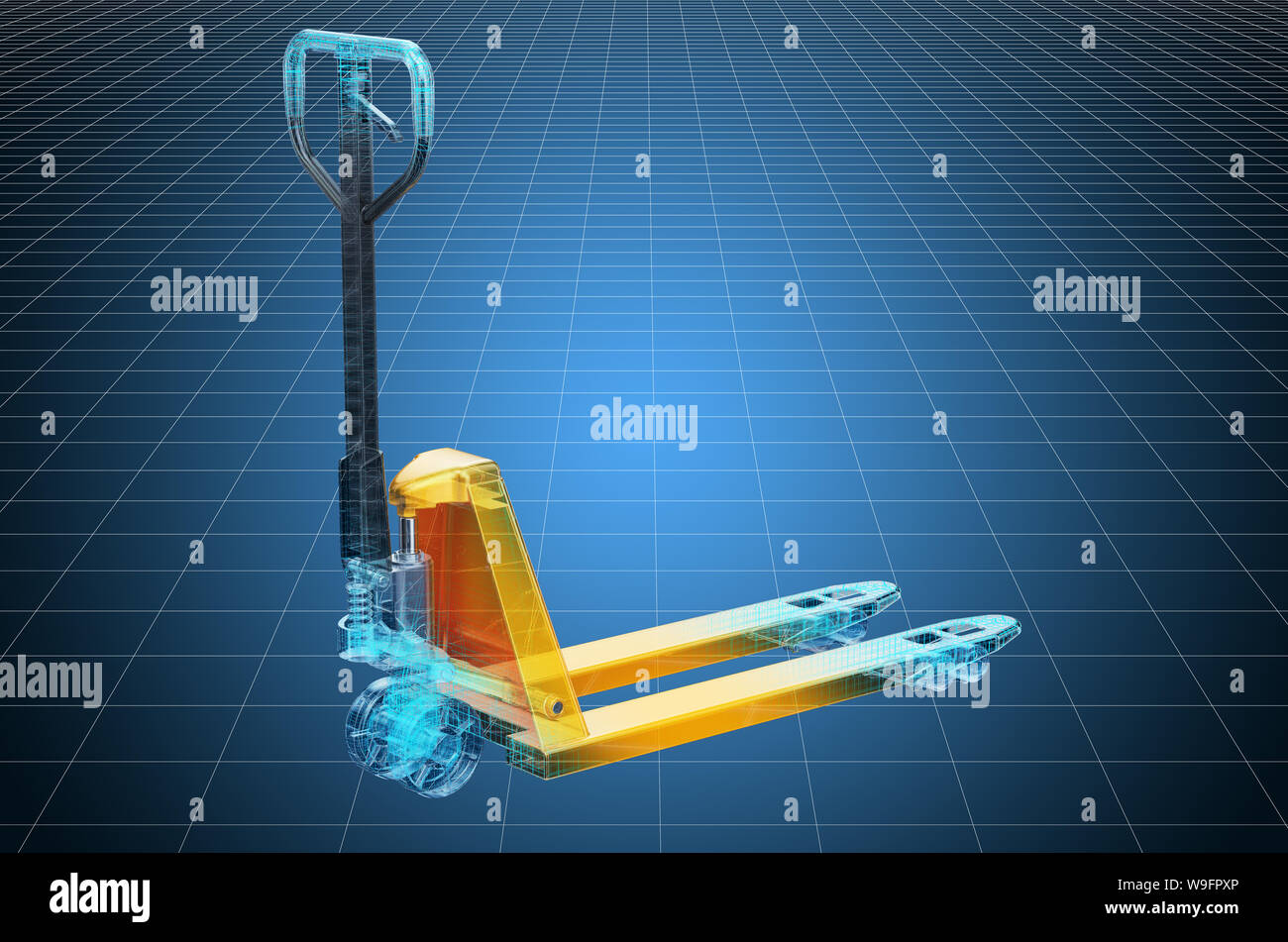 Visualization 3d cad model of hydraulic pallet jack, blueprint. 3D