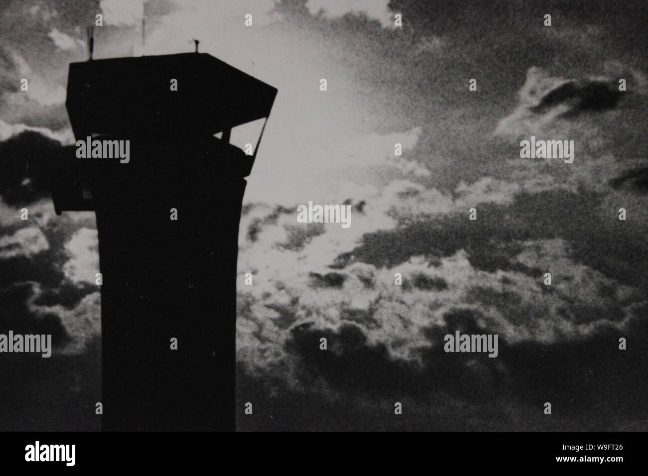 Fine black and white art photography from the 1970s of the old O'Hare airport's control tower. Stock Photo