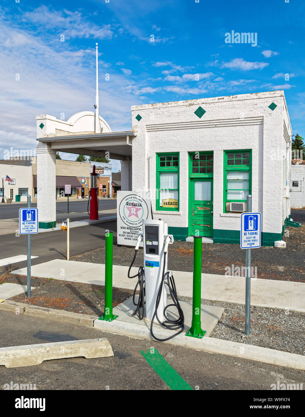Washington, Palouse Region, Rosalia, historic Texaco gas station, electric vehicle charging station Stock Photo