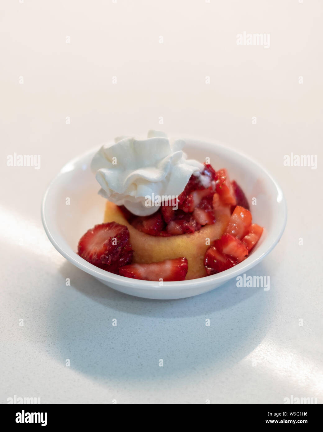 Strawberries on sponge cake with whipped cream. Strawberry shortcake. USA. Stock Photo