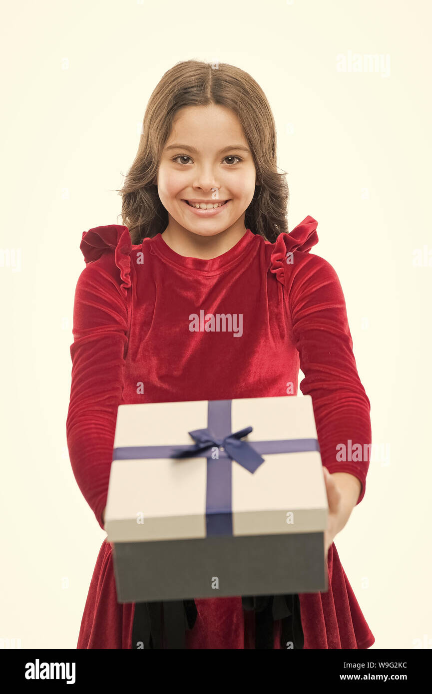 Happy birthday gift. small girl after shopping. big sale in shopping mall. Boxing day. Little girl with present box. Thanks for your purchase. Home shopping. Shopaholic. Online shop. Stock Photo