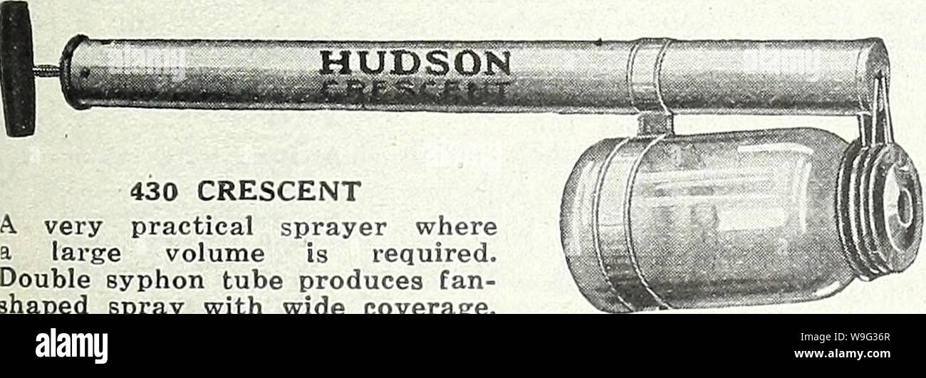 Archive image from page 100 of Currie Bros  fifty-eighth year. Currie Bros. : fifty-eighth year 1933  curriebrosfiftye19curr Year: 1933 ( 430 CRESCENT very practical sprayer where a large volume is required. Double syphon tube produces fan- shaped spray with wide coverage. Container is standard quart fruit jar. heavy tin, lithographed HUDSON 663 CADET DUSTER Designed for household use. Handles roach powders and similar preparations. Will not clog or cake. Easily filled and cleaned 40c Stock Photo