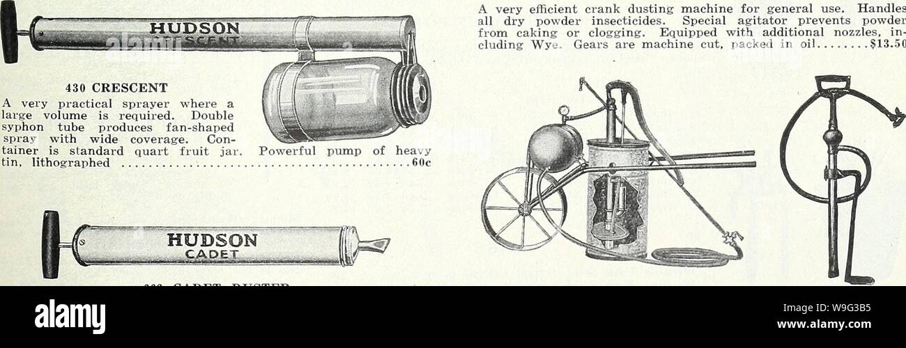 Archive image from page 100 of Currie's garden annual  spring. Currie's garden annual : spring 1934 59th year  curriesgardenann19curr 0 Year: 1934 ( 604 CRANK DUSTER A very efficient crank dusting machine for general use. Handles all dry powder insecticides. Special agitator prevents powder from caking or clogging. Equipped with additional nozzles, in- cluding Wye. Gears are machine cut, packed in oil $13.50    430 CRESCENT A very practical sprayer where a large volume is required. Double syphon tube produces fan-shaped spray with wide coverage. Con- tainer is standard quart fruit jar lithogra Stock Photo