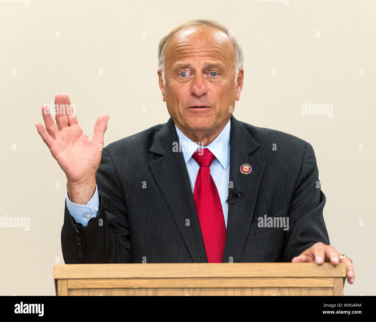 Boone, Iowa, USA. 13th Aug, 2019. Congressman STEVE KING (R-IA), who was stripped of his Republican Party committee assignments earlier this year for his racist comments, holds a town hall at the Boone Public Library. Credit: Brian Cahn/ZUMA Wire/Alamy Live News Stock Photo