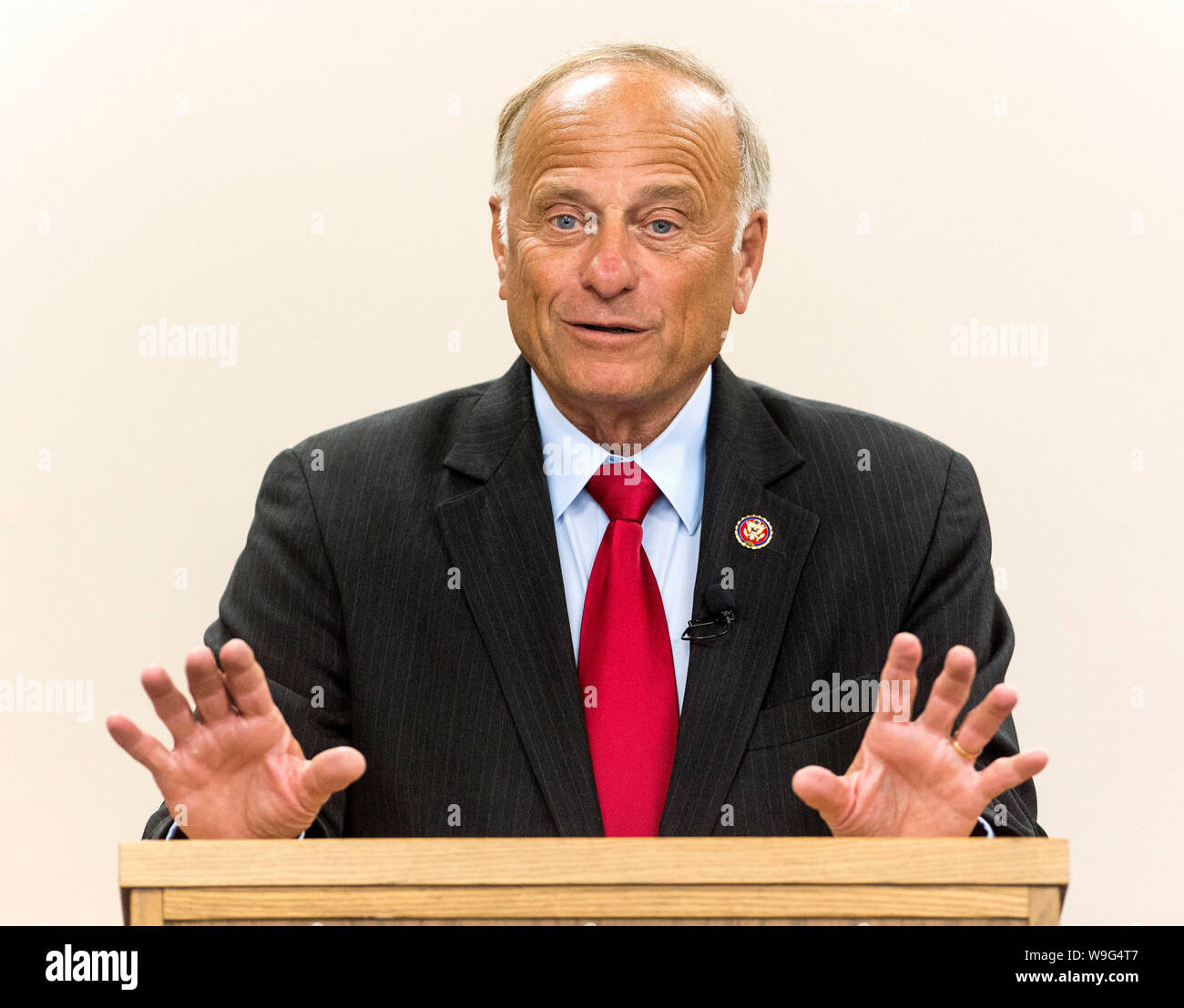 Boone, Iowa, USA. 13th Aug, 2019. Congressman STEVE KING (R-IA), who was stripped of his Republican Party committee assignments earlier this year for his racist comments, holds a town hall at the Boone Public Library. Credit: Brian Cahn/ZUMA Wire/Alamy Live News Stock Photo