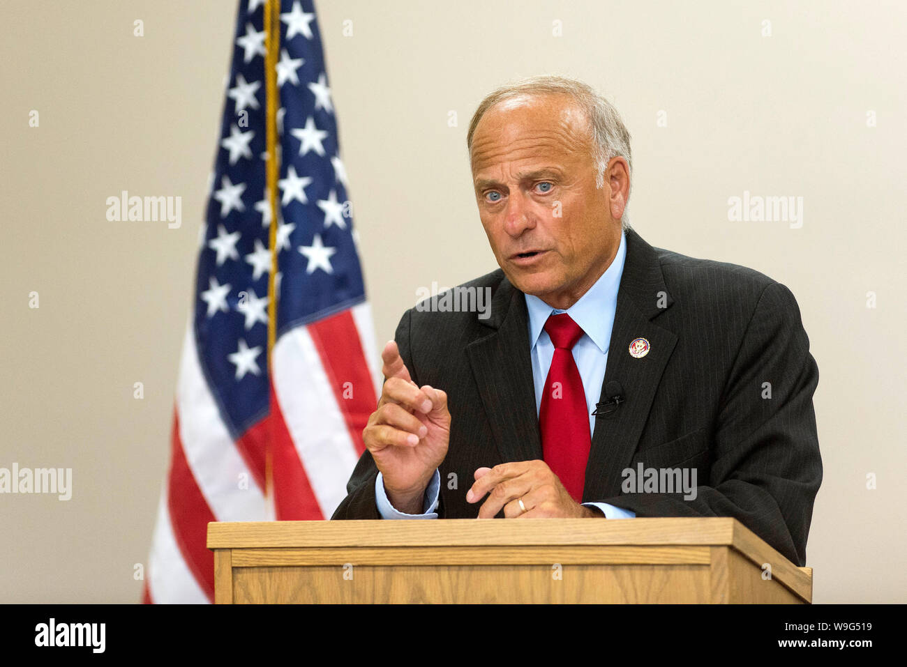 Boone, Iowa, USA. 13th Aug, 2019. Congressman STEVE KING (R-IA), who was stripped of his Republican Party committee assignments earlier this year for his racist comments, holds a town hall at the Boone Public Library. Credit: Brian Cahn/ZUMA Wire/Alamy Live News Stock Photo