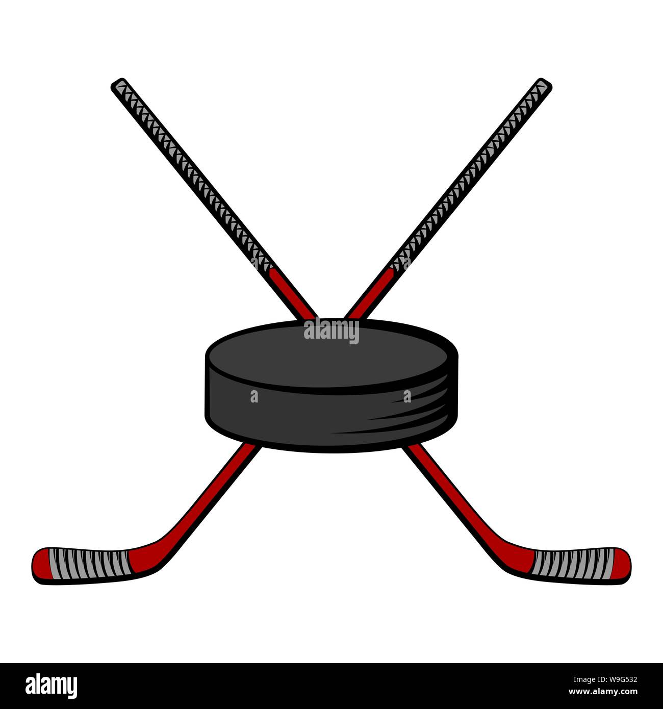 Crossed red hockey sticks and puck. Vector cartoon illustration Stock Vector